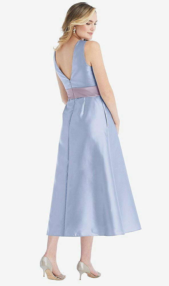 Back View - Sky Blue & Lilac Haze High-Neck Asymmetrical Shirred Satin Midi Dress with Pockets