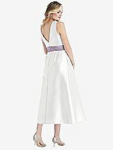Rear View Thumbnail - White & Lilac Haze High-Neck Asymmetrical Shirred Satin Midi Dress with Pockets