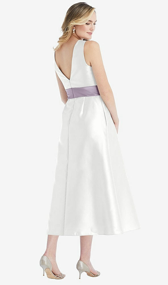 Back View - White & Lilac Haze High-Neck Asymmetrical Shirred Satin Midi Dress with Pockets