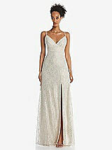 Front View Thumbnail - Champagne V-Neck Metallic Lace Maxi Dress with Adjustable Straps