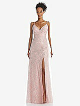 Front View Thumbnail - Rose V-Neck Metallic Lace Maxi Dress with Adjustable Straps