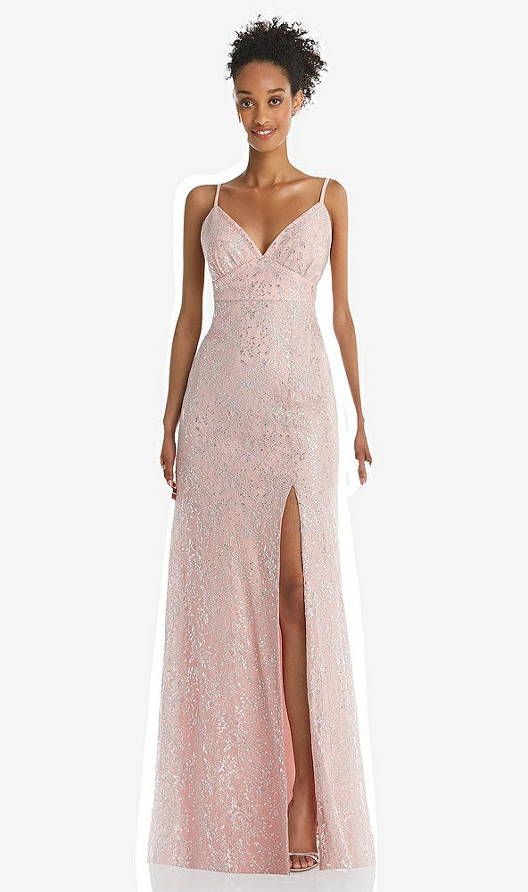Front View - Rose V-Neck Metallic Lace Maxi Dress with Adjustable Straps
