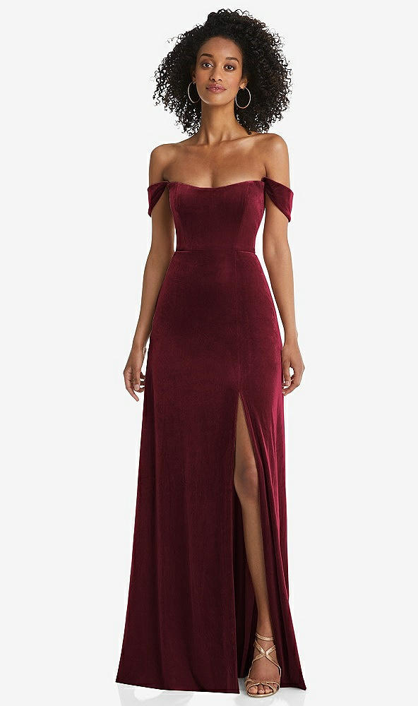 Front View - Cabernet Off-the-Shoulder Flounce Sleeve Velvet Maxi Dress