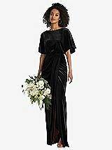 Alt View 1 Thumbnail - Black Flutter Sleeve Open-Back Velvet Maxi Dress with Draped Wrap Skirt