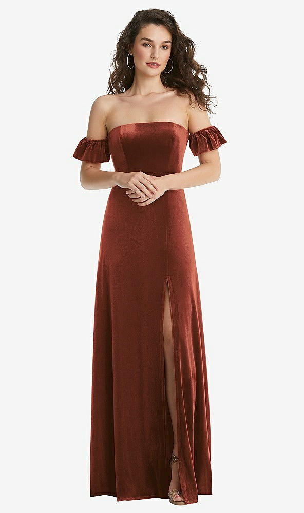 Front View - Auburn Moon Ruffle Sleeve Off-the-Shoulder Velvet Maxi Dress