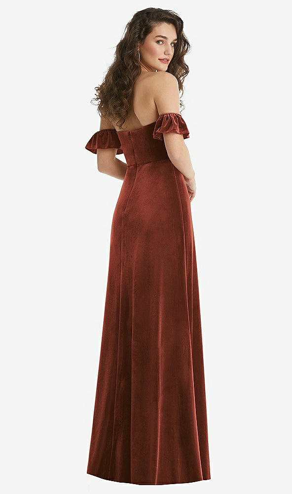 Back View - Auburn Moon Ruffle Sleeve Off-the-Shoulder Velvet Maxi Dress