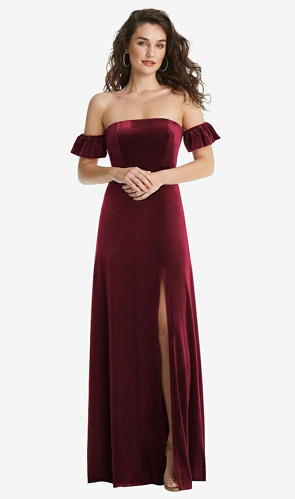 Front View - Cabernet Ruffle Sleeve Off-the-Shoulder Velvet Maxi Dress
