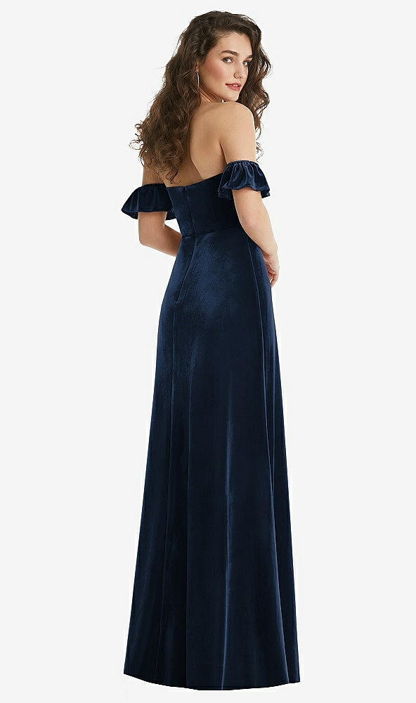 Back View - Midnight Navy Ruffle Sleeve Off-the-Shoulder Velvet Maxi Dress