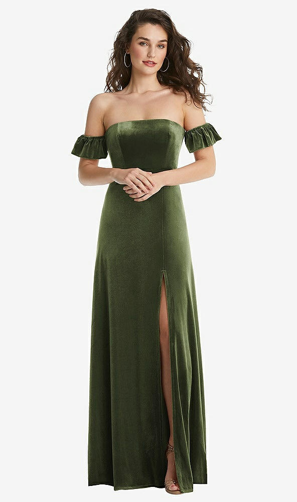 Front View - Olive Green Ruffle Sleeve Off-the-Shoulder Velvet Maxi Dress