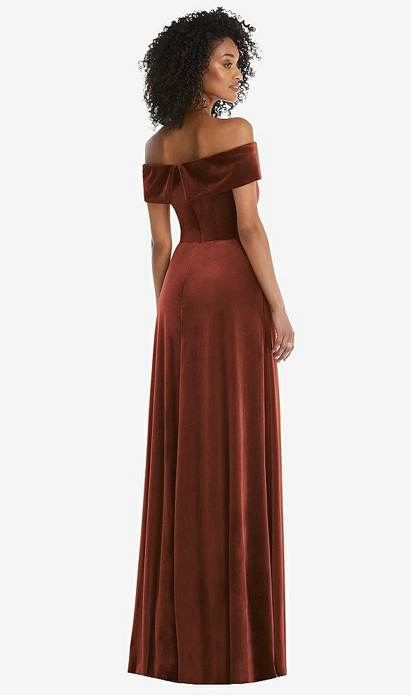 Back View - Auburn Moon Draped Cuff Off-the-Shoulder Velvet Maxi Dress with Pockets