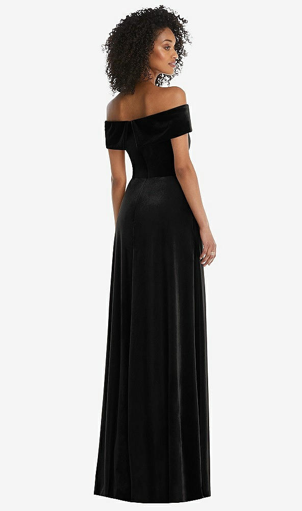 Back View - Black Draped Cuff Off-the-Shoulder Velvet Maxi Dress with Pockets