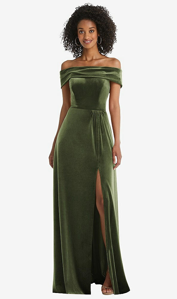 Front View - Olive Green Draped Cuff Off-the-Shoulder Velvet Maxi Dress with Pockets