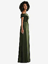 Side View Thumbnail - Olive Green Draped Cuff Off-the-Shoulder Velvet Maxi Dress with Pockets