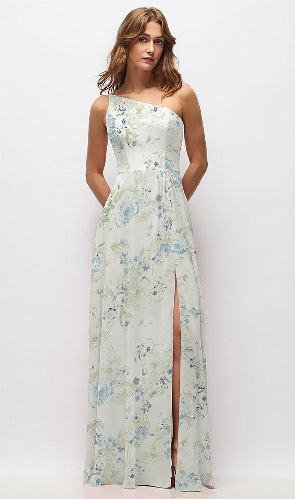 Front View - Bleu Garden One-Shoulder Chiffon Maxi Dress with Shirred Front Slit