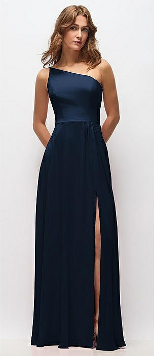 One-Shoulder Chiffon Maxi Dress with Shirred Front Slit