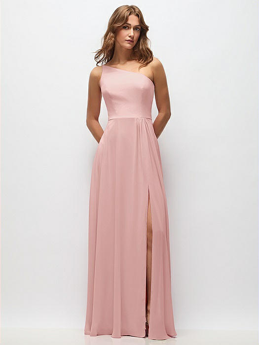 One-Shoulder Chiffon Maxi Dress with Shirred Front Slit