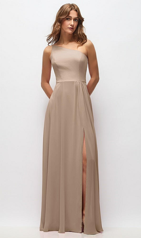 Front View - Topaz One-Shoulder Chiffon Maxi Dress with Shirred Front Slit