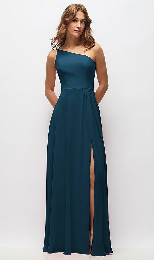 Front View - Atlantic Blue One-Shoulder Chiffon Maxi Dress with Shirred Front Slit