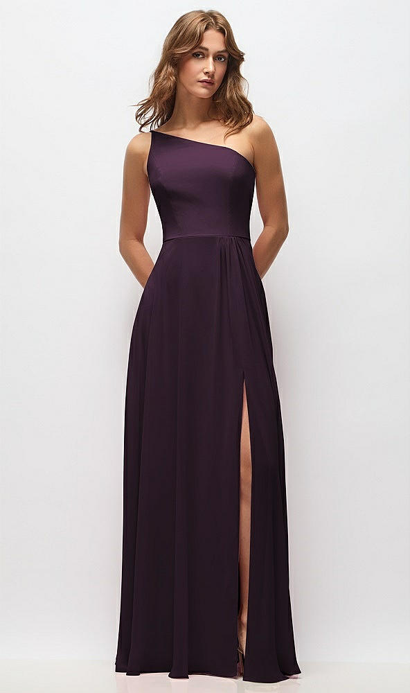 Front View - Aubergine One-Shoulder Chiffon Maxi Dress with Shirred Front Slit