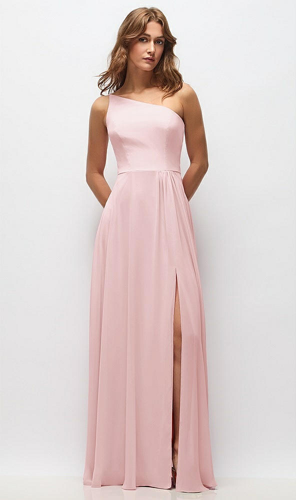 Front View - Ballet Pink One-Shoulder Chiffon Maxi Dress with Shirred Front Slit