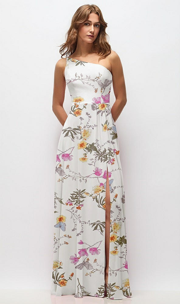 Front View - Butterfly Botanica Ivory One-Shoulder Chiffon Maxi Dress with Shirred Front Slit