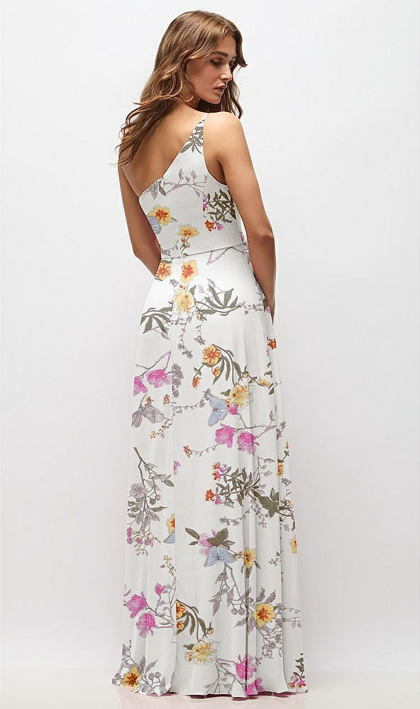 Back View - Butterfly Botanica Ivory One-Shoulder Chiffon Maxi Dress with Shirred Front Slit