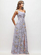 Side View Thumbnail - Butterfly Botanica Silver Dove One-Shoulder Chiffon Maxi Dress with Shirred Front Slit