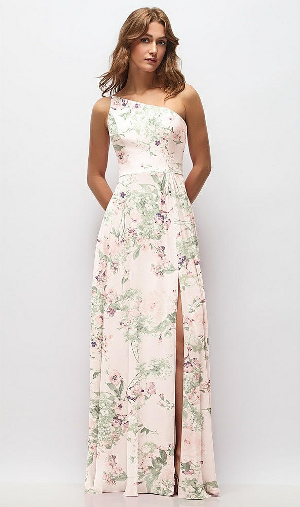 Front View - Blush Garden One-Shoulder Chiffon Maxi Dress with Shirred Front Slit