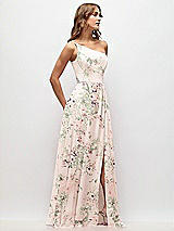 Side View Thumbnail - Blush Garden One-Shoulder Chiffon Maxi Dress with Shirred Front Slit