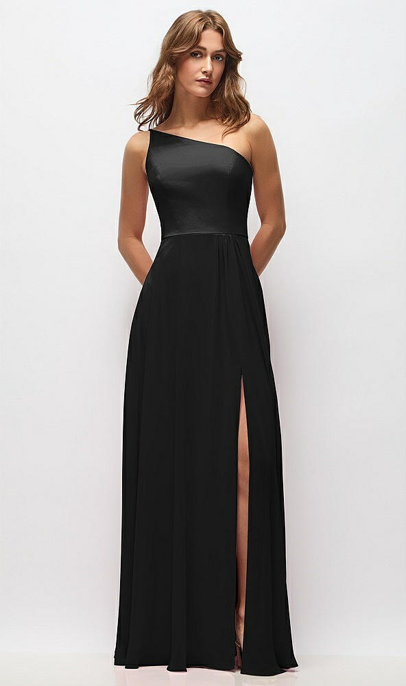 Front View - Black One-Shoulder Chiffon Maxi Dress with Shirred Front Slit
