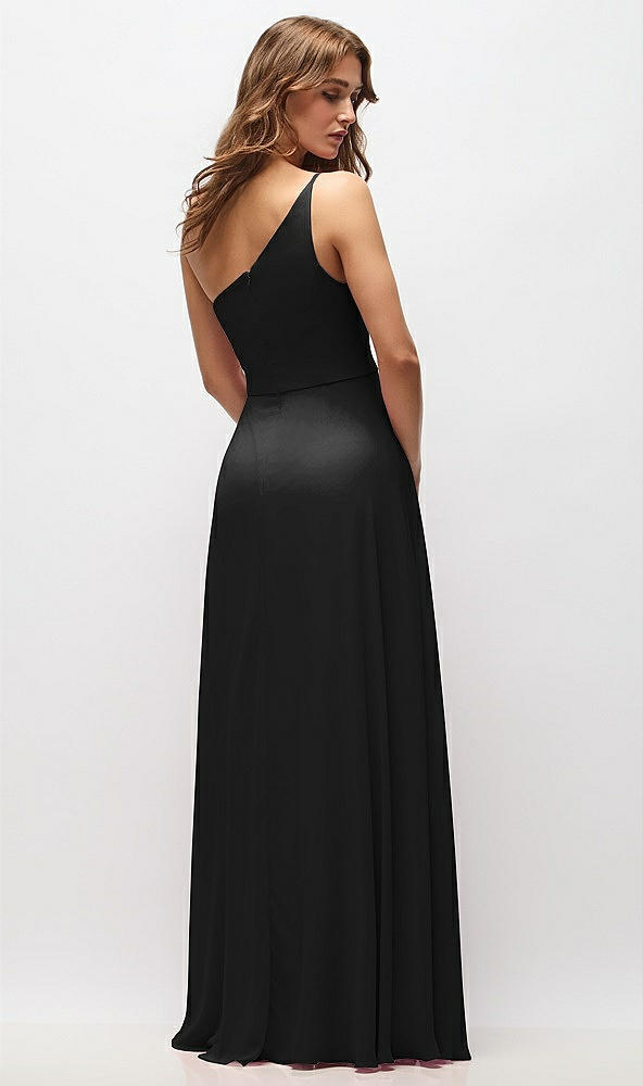 Back View - Black One-Shoulder Chiffon Maxi Dress with Shirred Front Slit