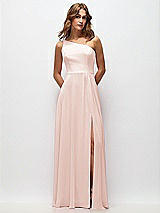 Front View Thumbnail - Blush One-Shoulder Chiffon Maxi Dress with Shirred Front Slit