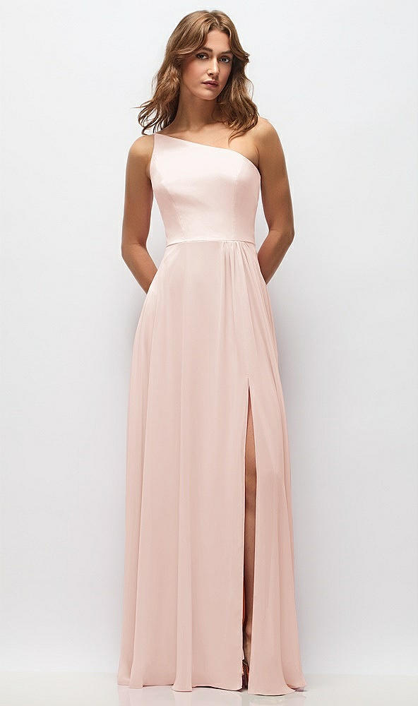 Front View - Blush One-Shoulder Chiffon Maxi Dress with Shirred Front Slit
