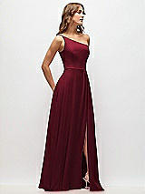 Side View Thumbnail - Burgundy One-Shoulder Chiffon Maxi Dress with Shirred Front Slit