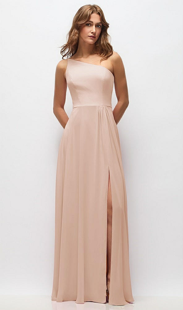 Front View - Cameo One-Shoulder Chiffon Maxi Dress with Shirred Front Slit