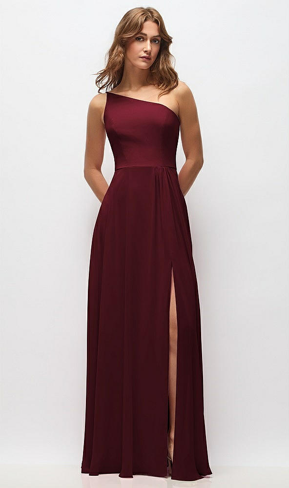 Front View - Cabernet One-Shoulder Chiffon Maxi Dress with Shirred Front Slit