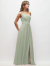 Side View Thumbnail - Celadon One-Shoulder Chiffon Maxi Dress with Shirred Front Slit