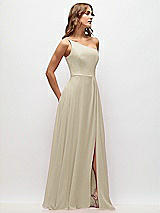 Side View Thumbnail - Champagne One-Shoulder Chiffon Maxi Dress with Shirred Front Slit
