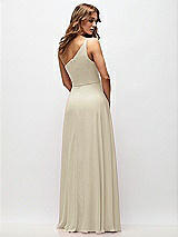 Rear View Thumbnail - Champagne One-Shoulder Chiffon Maxi Dress with Shirred Front Slit