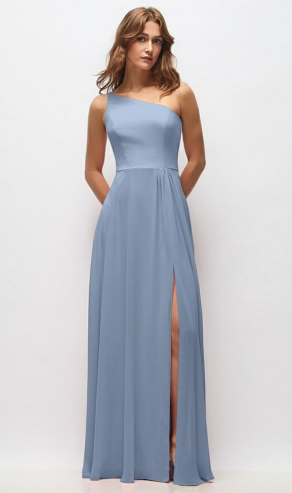 Front View - Cloudy One-Shoulder Chiffon Maxi Dress with Shirred Front Slit
