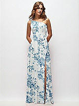 Front View Thumbnail - Cottage Rose Dusk Blue One-Shoulder Chiffon Maxi Dress with Shirred Front Slit