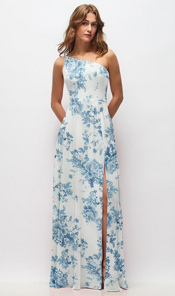 Front View - Cottage Rose Dusk Blue One-Shoulder Chiffon Maxi Dress with Shirred Front Slit