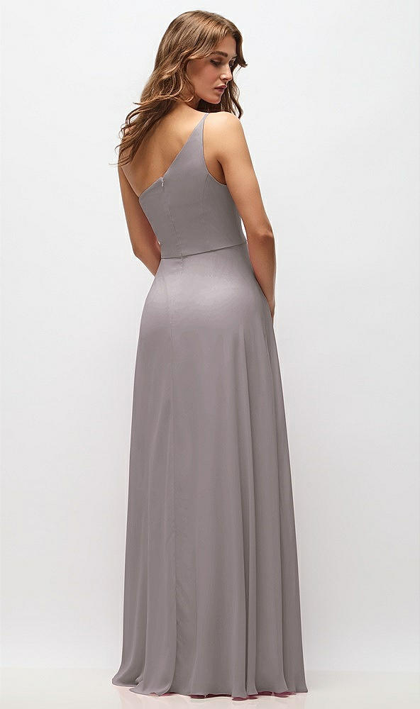 Back View - Cashmere Gray One-Shoulder Chiffon Maxi Dress with Shirred Front Slit