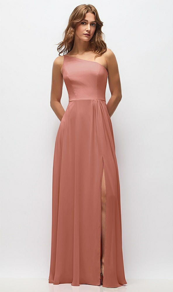 Front View - Desert Rose One-Shoulder Chiffon Maxi Dress with Shirred Front Slit