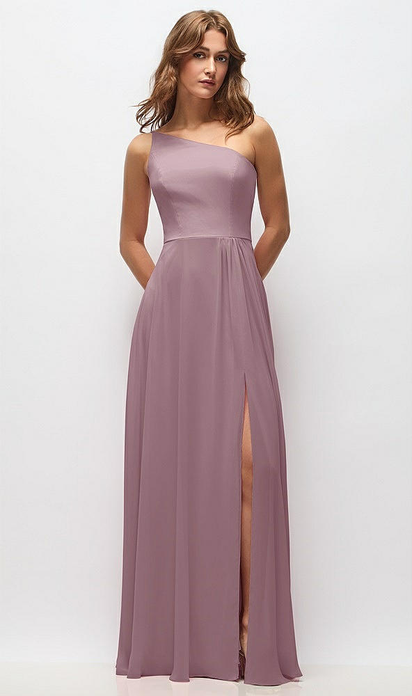 Front View - Dusty Rose One-Shoulder Chiffon Maxi Dress with Shirred Front Slit