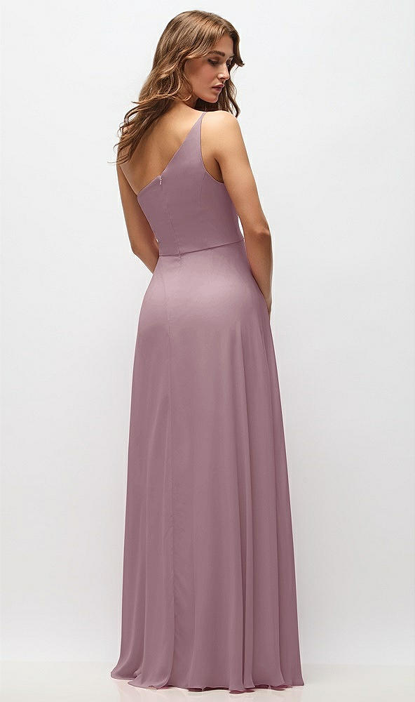 Back View - Dusty Rose One-Shoulder Chiffon Maxi Dress with Shirred Front Slit