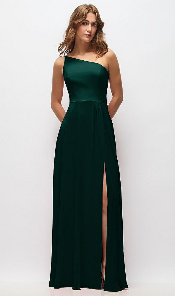 Front View - Evergreen One-Shoulder Chiffon Maxi Dress with Shirred Front Slit