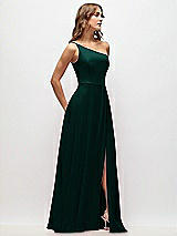 Side View Thumbnail - Evergreen One-Shoulder Chiffon Maxi Dress with Shirred Front Slit