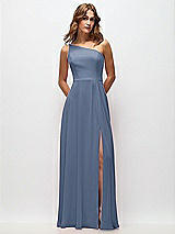 Front View Thumbnail - Larkspur Blue One-Shoulder Chiffon Maxi Dress with Shirred Front Slit