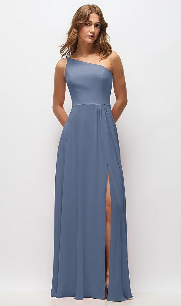 Front View - Larkspur Blue One-Shoulder Chiffon Maxi Dress with Shirred Front Slit